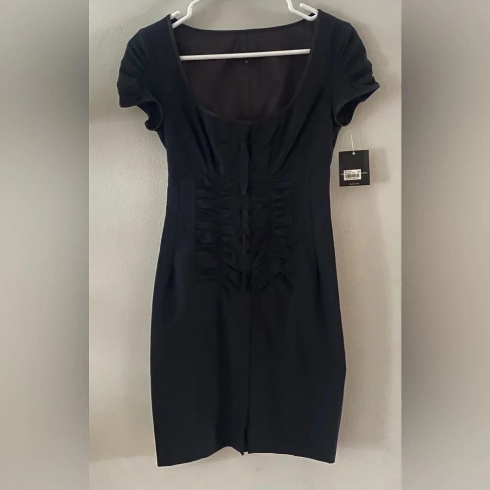 NWT Nanette Lepore Black Ruched Sheath Midi Dress size 0 made in NYC